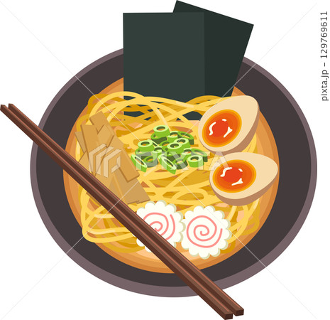 top view of asian cuisine ramen bowl illustration tasty noodle soup with narutomaki egg and seaweed 129769611
