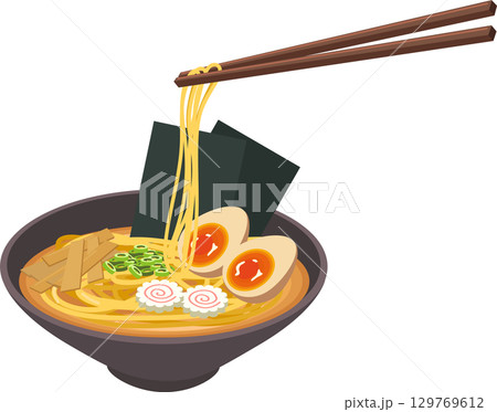 japanese ramen bowl illustration showing hot noodle soup with chopsticks eggs seaweed and fish cake 129769612