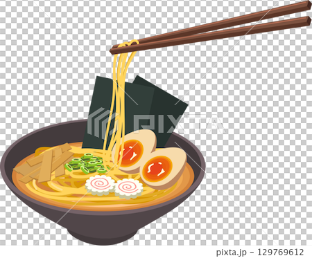 japanese ramen bowl illustration showing hot noodle soup with chopsticks eggs seaweed and fish cake 129769612