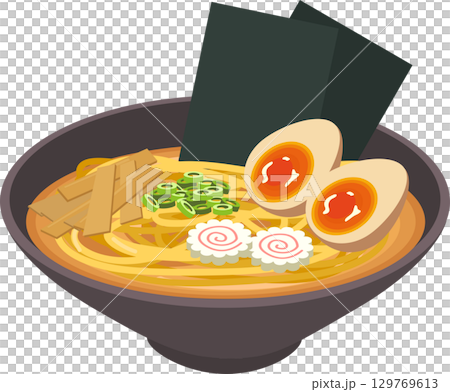 japanese ramen bowl with noodles broth soft boiled egg bamboo shoots seaweed and narutomaki 129769613