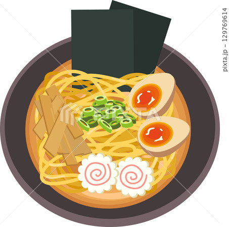 japanese ramen bowl top view noodle soup with egg seaweed bamboo shoots and narutomaki asian food 129769614