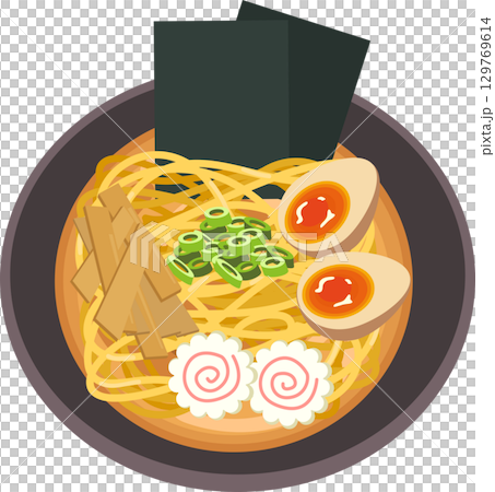 japanese ramen bowl top view noodle soup with egg seaweed bamboo shoots and narutomaki asian food 129769614