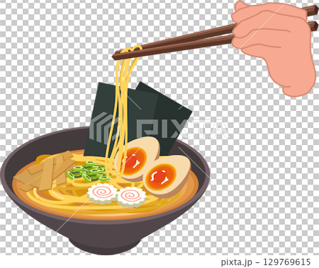 ramen bowl asian cuisine with miso noodles eggs bamboo shoots and nori sheet 129769615