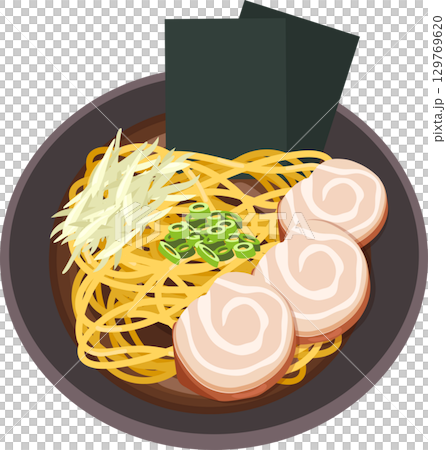 ramen noodle bowl traditional japanese cuisine top view with pork chashu seaweed and scallions 129769620