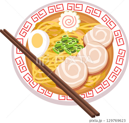 ramen japanese food illustration top view noodle soup with pork slices boiled egg scallions and narutomaki ramen japanese food illustration top view noodle soup with pork slices boiled egg scallions and narutomaki 129769623
