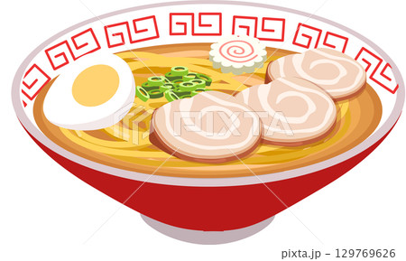 japanese ramen noodle soup with pork chashu, egg, fish cake and scallions in red bowl. 129769626