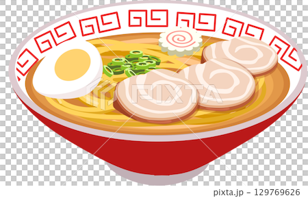 japanese ramen noodle soup with pork chashu, egg, fish cake and scallions in red bowl. 129769626