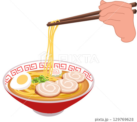 ramen noodle bowl with chopsticks hand holding noodles featuring pork slices boiled egg narutomaki and green onion in japanese style 129769628