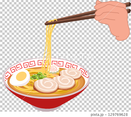 ramen noodle bowl with chopsticks hand holding noodles featuring pork slices boiled egg narutomaki and green onion in japanese style 129769628