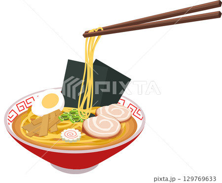 japanese ramen noodle soup served in a red bowl with egg pork narutomaki seaweed green onion and chopsticks 129769633