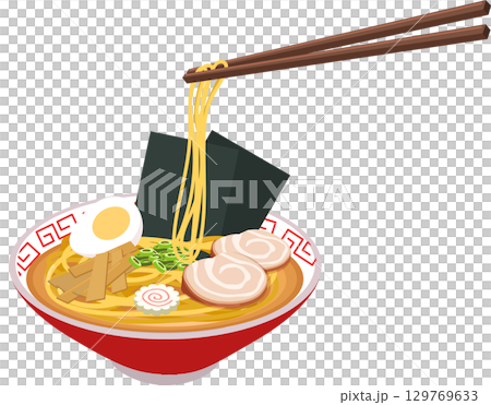 japanese ramen noodle soup served in a red bowl with egg pork narutomaki seaweed green onion and chopsticks 129769633