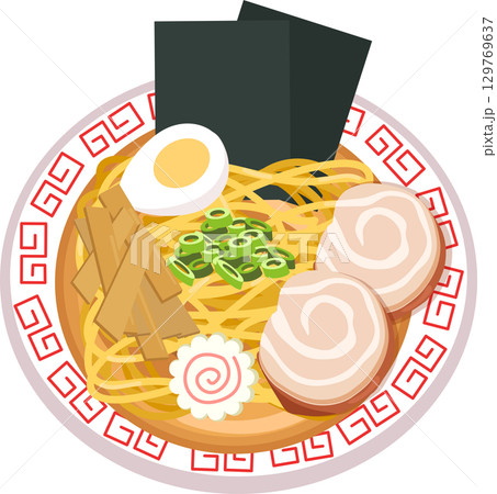top view ramen. japanese noodle soup with pork slices boiled egg seaweed and bamboo shoots in a decorative bowl 129769637