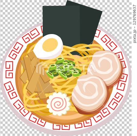 top view ramen. japanese noodle soup with pork slices boiled egg seaweed and bamboo shoots in a decorative bowl 129769637