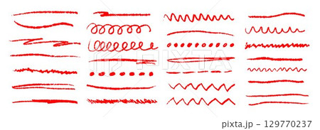 Red grunge brush stoke set. Hand drawn crayon underline, zigzag, dash line collection. Wet or dry pastel pencil doodle scribble bundle. Vector rough chalk charcoal sketch scrawls, waves and zig zag Red grunge brush stoke set. Hand drawn crayon underline, zigzag, dash line collection. Wet or dry pastel pencil doodle scribble bundle. Vector rough chalk charcoal sketch scrawls, waves and zig zag 129770237