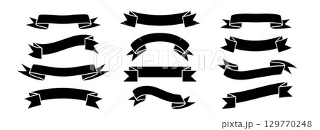 Black ribbon banner set. Vintage wavy label element collection for graphic design template. Retro bent and curved ribbons bundle for emblem, sticker, advertising, poster, tag, promotion, frame. Vector 129770248