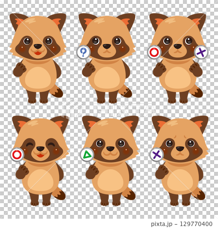 手持圓形、圓形、三角形或三角形卡片的狸貓人物插畫集 手持圓形、圓形、三角形或三角形卡片的狸貓人物插畫集 129770400