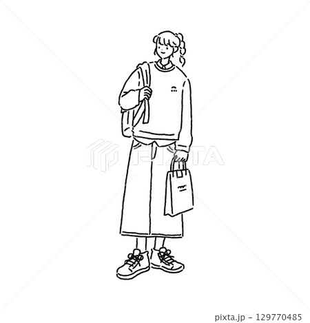 カジュアルでおしゃれな女性 線画 カジュアルでおしゃれな女性 線画 129770485