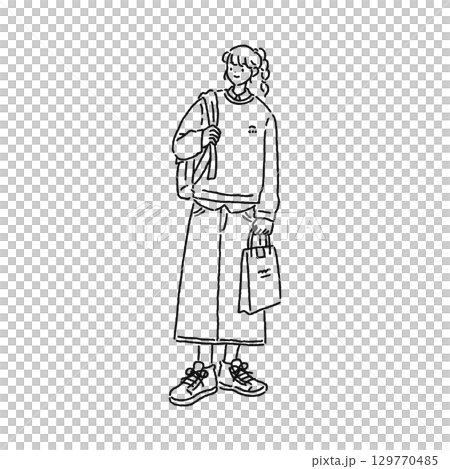 カジュアルでおしゃれな女性 線画 カジュアルでおしゃれな女性 線画 129770485