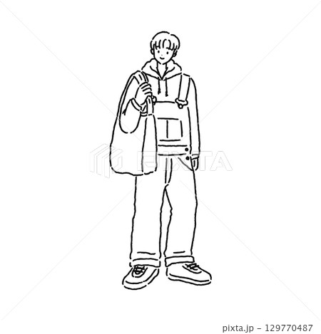 オーバーオールを着た人物　線画 129770487