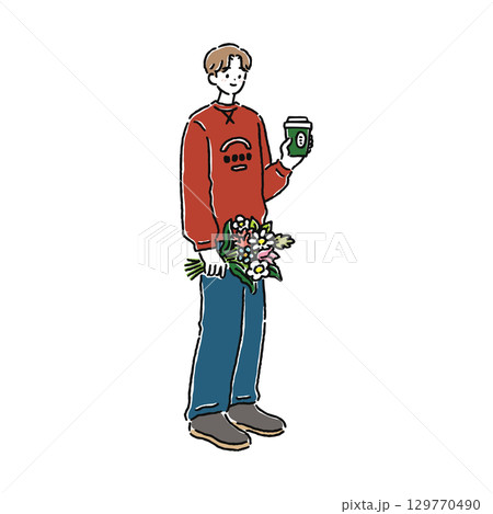 花束と飲み物を持った人物 花束と飲み物を持った人物 129770490