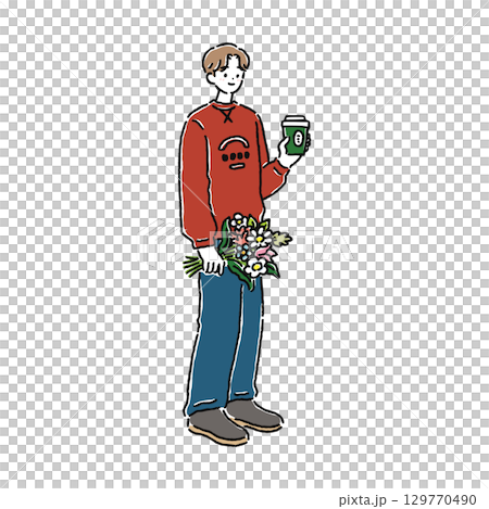 A person holding a bouquet and a drink 129770490