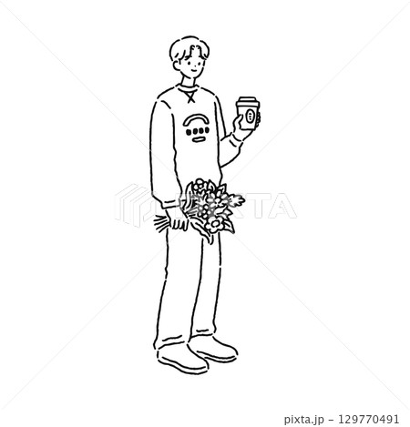 花束と飲み物を持った人物 線画 花束と飲み物を持った人物 線画 129770491