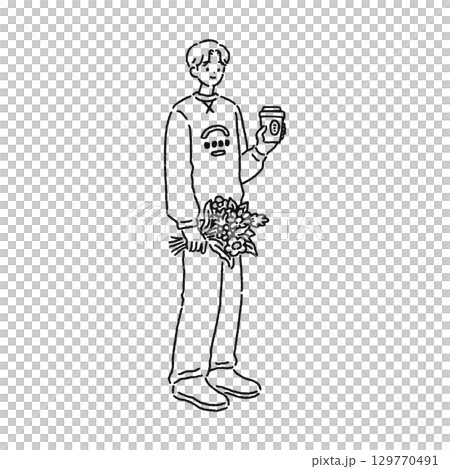 Line drawing of a person holding a bouquet and a drink 129770491