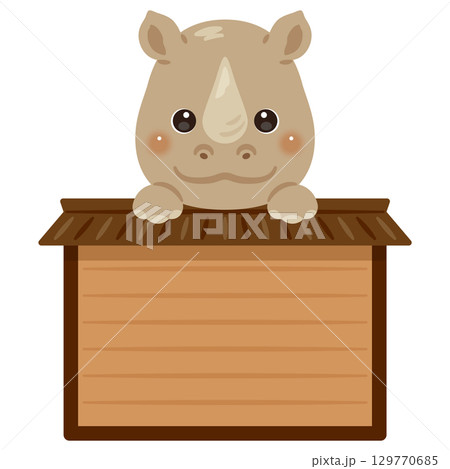 木製看板に乗ったサイのキャラクターイラスト 129770685
