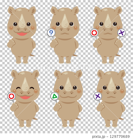 拿著圓形、圓形、三角形或三角形卡片的犀牛角色插圖集 129770689