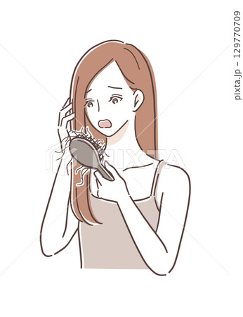 抜け毛にショックを受ける女性のイラスト素材 129770709