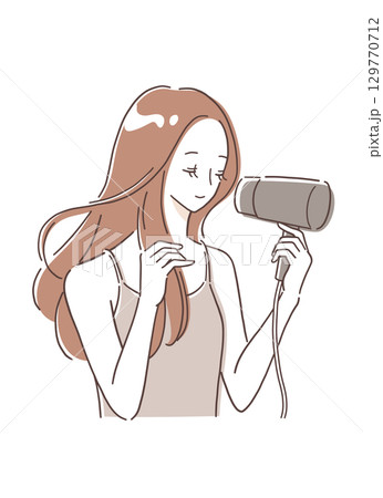 ドライヤーで髪を乾かす女性のイラスト素材 129770712