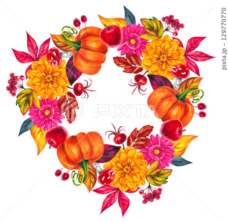 watercolor autumn illustrations with pumpkins and leaves watercolor autumn illustrations with pumpkins and leaves 129770770