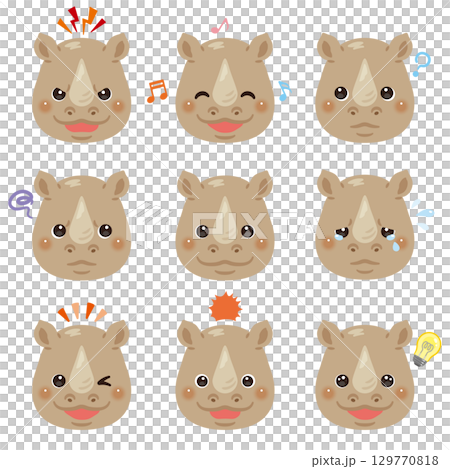 サイのイラストセット　顔表情のみ 129770818