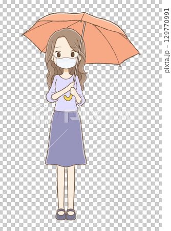 A woman with long wavy hair wearing a mask and holding an umbrella (full body) A woman with long wavy hair wearing a mask and holding an umbrella (full body) 129770991
