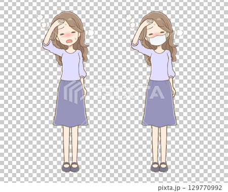 Woman with fever (long wavy hair) whole body 129770992