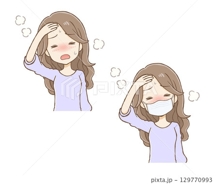 熱がある女性（ロングウェーブヘア）上半身 129770993