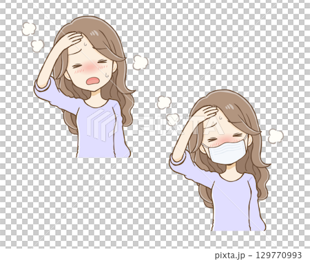 熱がある女性（ロングウェーブヘア）上半身 129770993