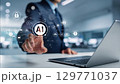 ビジネスマンがタッチパネルを指でタッチするポーズ、生成AIを活用したデジタルワークフロー 129771037