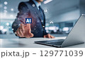 ビジネスマンがタッチパネルを指でタッチするポーズ、生成AIを活用したデジタルワークフロー 129771039
