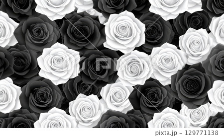 《AI画像》一面を埋め尽くす白と黒の薔薇の花 129771138