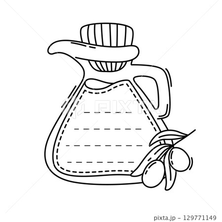 Olive oil glass jug kids memo note frame. Children scrapbook vector frame, planner To Do list sticker. Child diary page checklist template or schedule memo note with olive oil berry, bottle or jug 129771149
