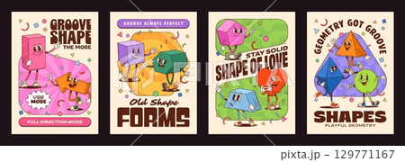 Funny math shape groovy characters posters. Vector retro vintage cards featuring dancing cartoon geometric figures paired with upbeat slogans and confetti, emphasize playfulness, friendship and love Funny math shape groovy characters posters. Vector retro vintage cards featuring dancing cartoon geometric figures paired with upbeat slogans and confetti, emphasize playfulness, friendship and love 129771167