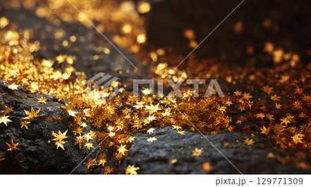 黄金色に輝く紅葉の落ち葉と幻想的な秋の風景 129771309