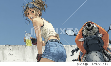 仲間のバイクを眺めながら冷たい炭酸を楽しむ女性ライダー 仲間のバイクを眺めながら冷たい炭酸を楽しむ女性ライダー 129771415