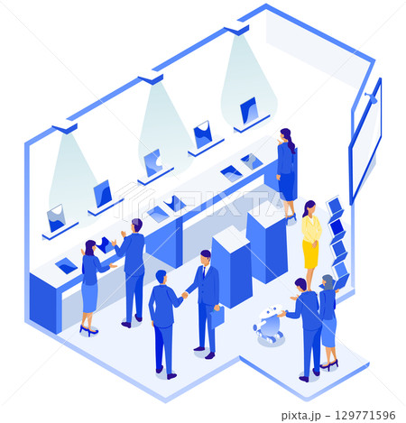 未来型製品展示ブース アイソメトリックイラスト 129771596