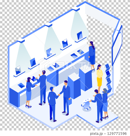 Futuristic product exhibition booth isometric illustration 129771596