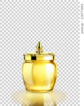 Luxurious golden glass jar with a luxurious design, set against a backdrop of shiny gold and soft lighting 129771602