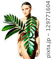 Botanical Fashion Zamioculcas leaves styled like a fashion editorial, with creative lighting and props. 129771604