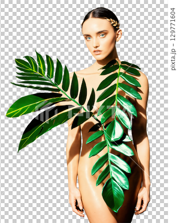 Botanical Fashion Zamioculcas leaves styled like a fashion editorial, with creative lighting and props. 129771604