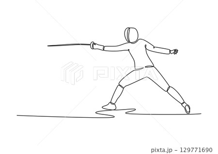 One line drawing professional fencer in a powerful wide stance with an extended foil. Symbolizing aggressive strategy, speed, and skill. Modern continuous line draw design graphic vector illustration One line drawing professional fencer in a powerful wide stance with an extended foil. Symbolizing aggressive strategy, speed, and skill. Modern continuous line draw design graphic vector illustration 129771690